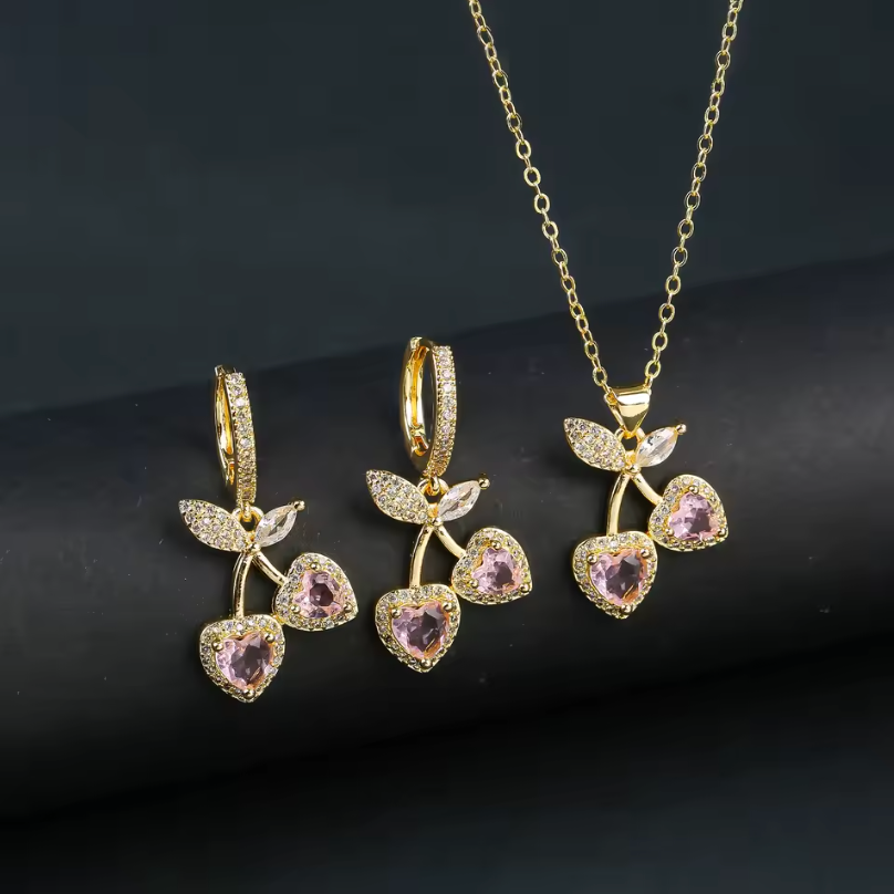 Womens Earrings And Necklace Cherry Fruits Gold Color Luxury Jewelry Set