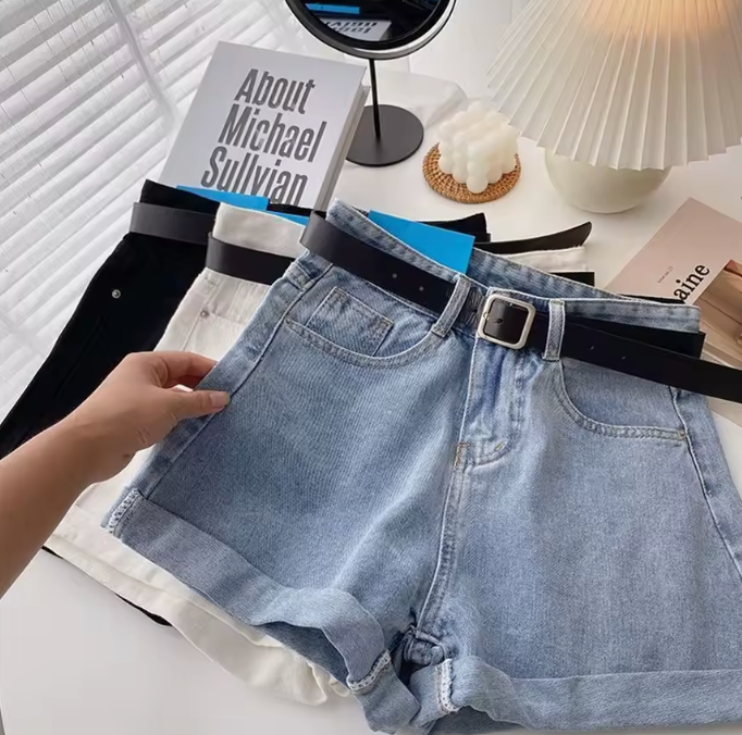Womens Jean Shorts With Belt Cute Summer Style Mini Shorts Cuffed
