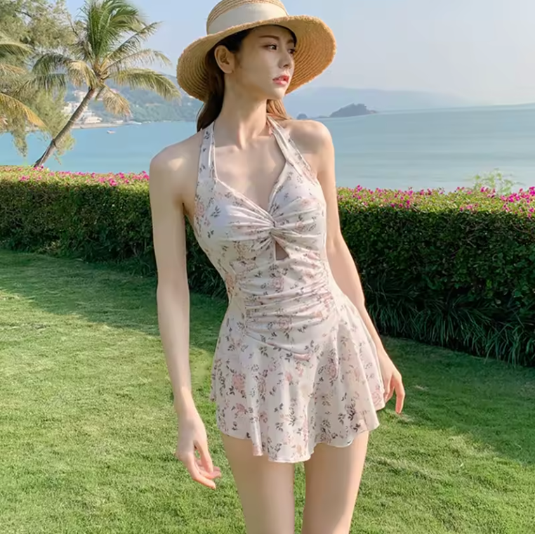 Sundress Floral Pattern One Piece Women Hanging Neck Strap Casual Dress