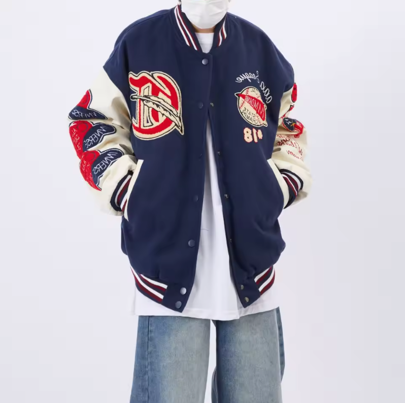 Unisex Baseball Letterman Jacket Vintage Style Embroidered Patch Button Up