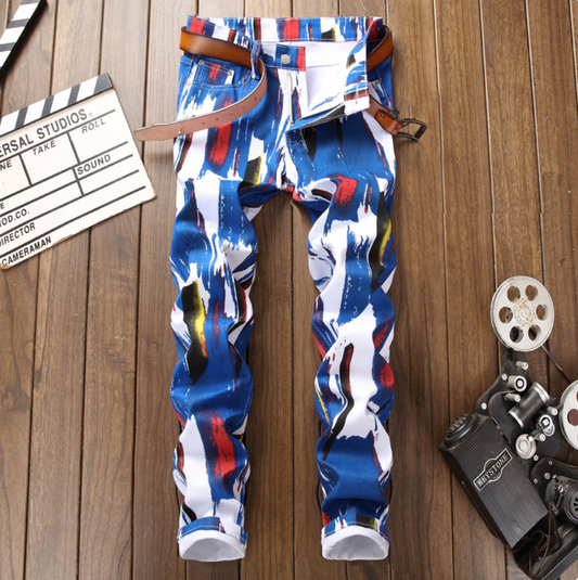 Mens Custom Design Street Fashion Abstract Colorful Jeans Slim