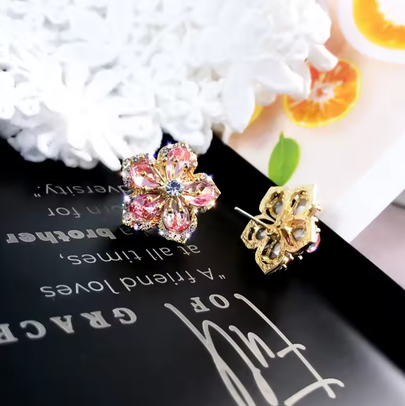 Womens Style 2pc Pair Glistening Flower Gem Stone Earrings