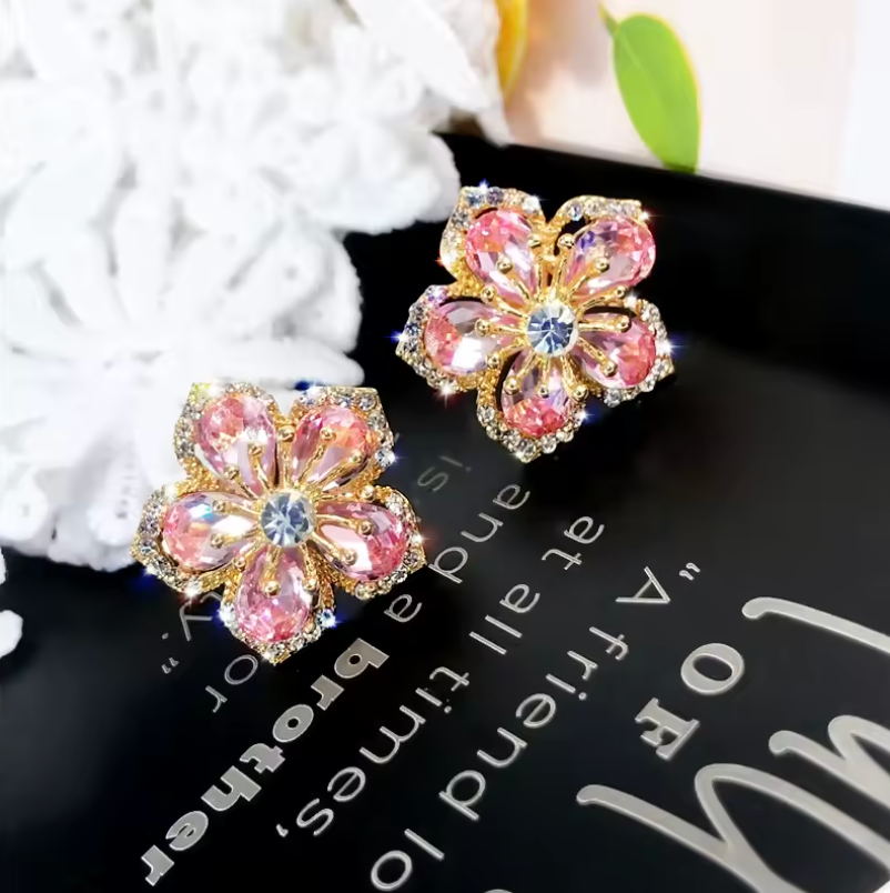Womens Style 2pc Pair Glistening Flower Gem Stone Earrings