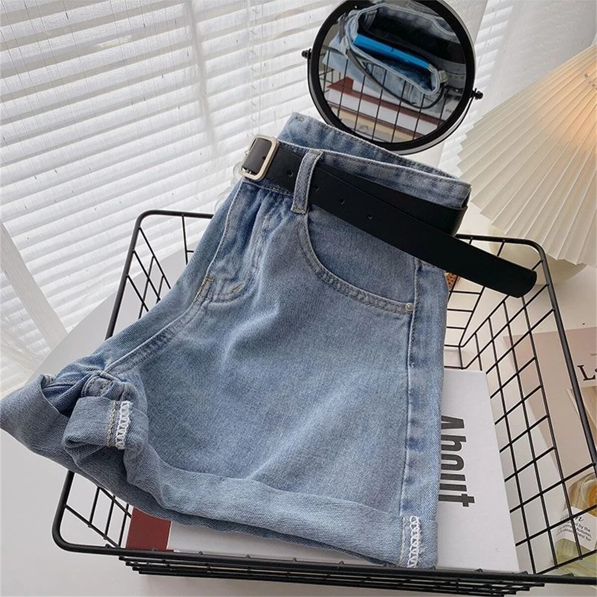 Womens Jean Shorts With Belt Cute Summer Style Mini Shorts Cuffed