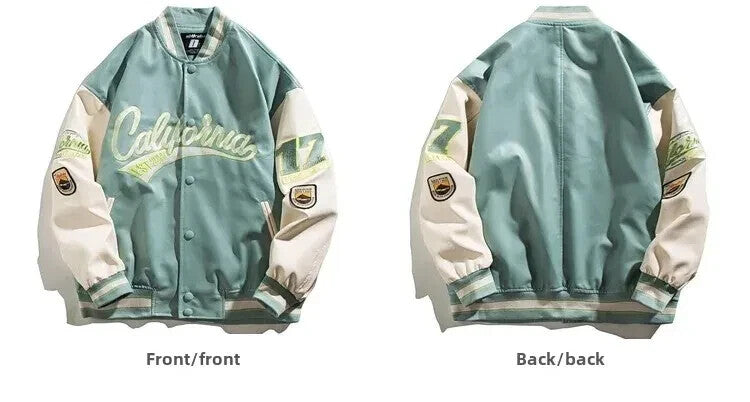Synthetic Leather Street Bomber Jacket Button Up Retro Style Varsity Jacket