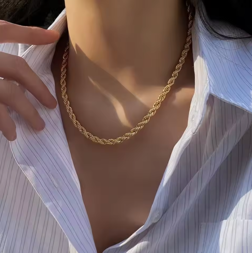 Real 18k Gold Plated Steel Golden Luxury Rope Chain Unisex Necklace