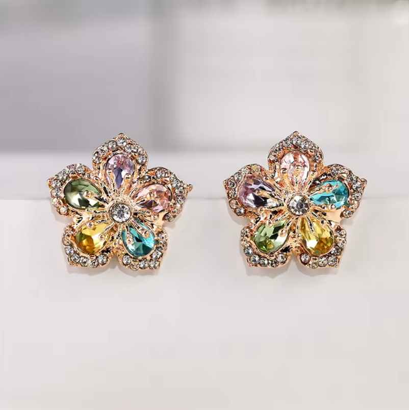 Womens Style 2pc Pair Glistening Flower Gem Stone Earrings