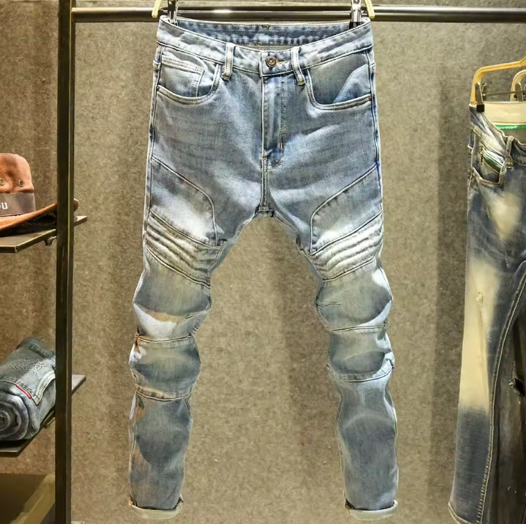 Mens Biker Jeans Street Fashion Denim Faded Slim Fit Blue Jeans