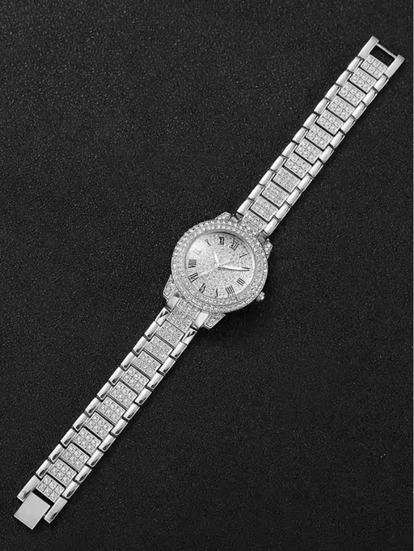 Iced Out Watch And Bracelet 2pc Luxury Jewelry Set Gold Or Silver