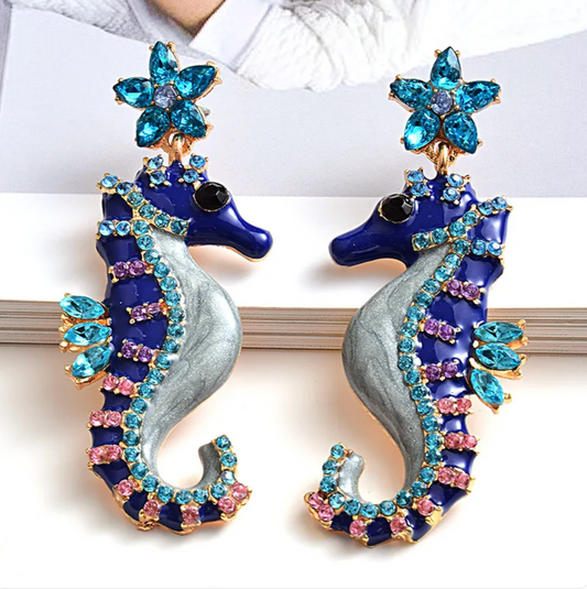 Jewl Sea Horse Dangle Drop Studs Colorful Blue Or Black Jem Earrings Pair