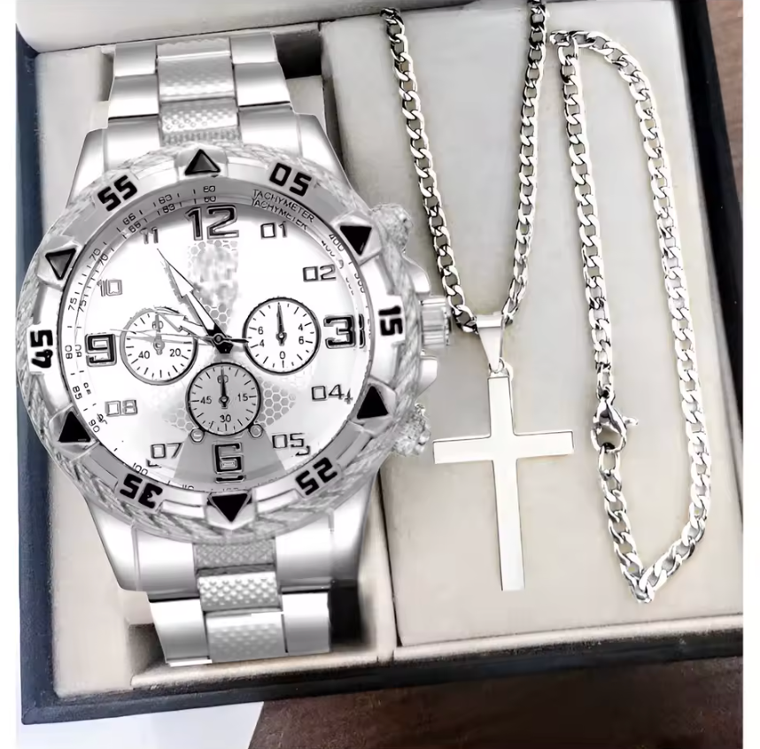 3pc Watch Cross Pendant Necklace And Chain Bracelet Stainless Quarts