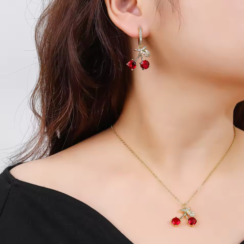 Womens Earrings And Necklace Cherry Fruits Gold Color Luxury Jewelry Set