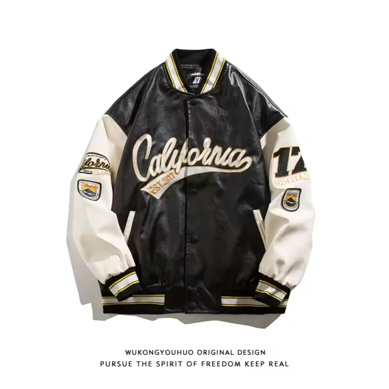 Synthetic Leather Street Bomber Jacket Button Up Retro Style Varsity Jacket