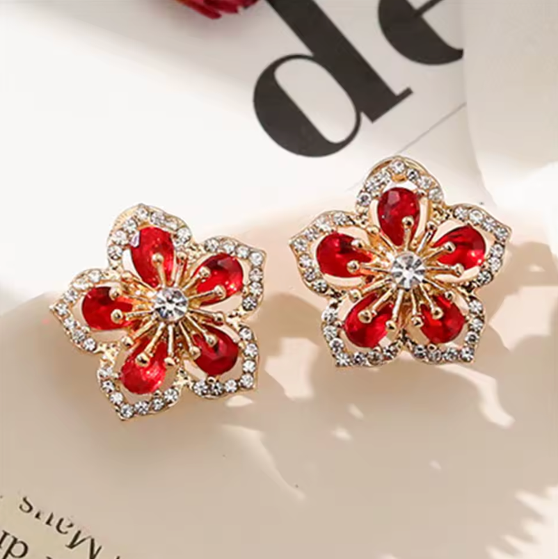 Womens Style 2pc Pair Glistening Flower Gem Stone Earrings