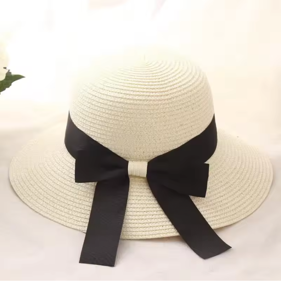 Womens Straw Summer Beach Ribbon Sun Hat
