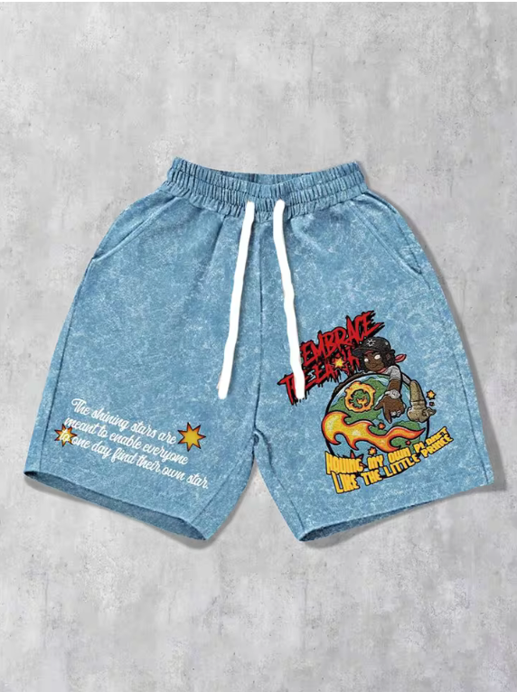 Casual Draw String Street Style Graphic Retro Shorts Colorful
