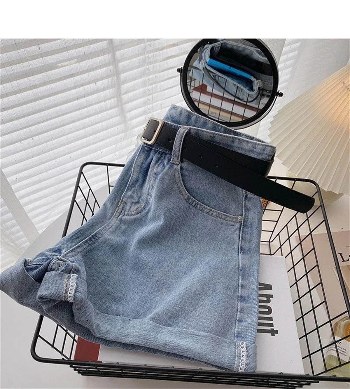 Womens Jean Shorts With Belt Cute Summer Style Mini Shorts Cuffed