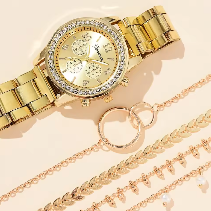 Womens Style 5pc Watch And Bracelets Set Pearl Gold And Silver