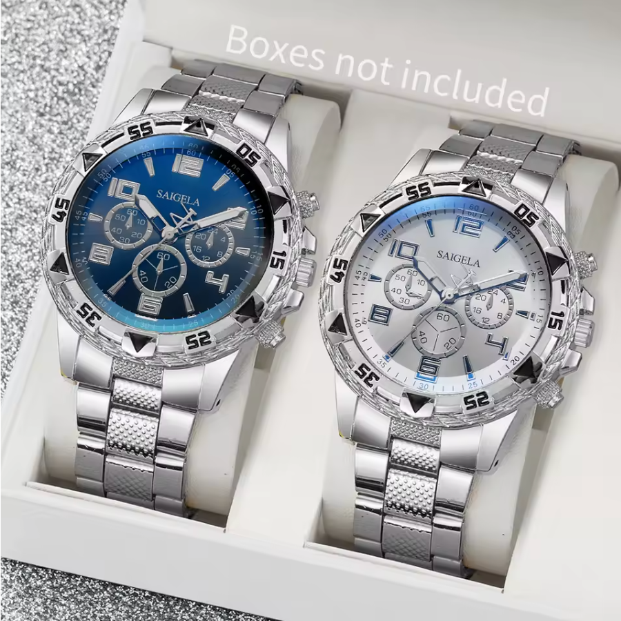 Mens Two Peice Stainless Steel Arabic Style Quartz Dial Watch Set
