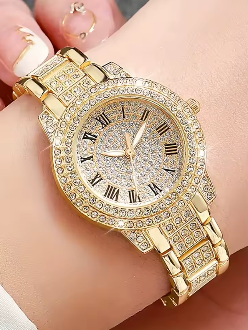 Iced Out Watch And Bracelet 2pc Luxury Jewelry Set Gold Or Silver