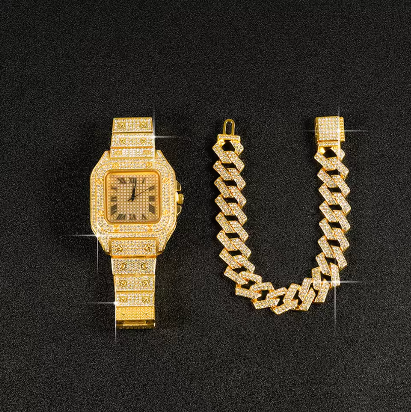 3pc Iced Out Jewelry Chain Watch And Bracelet Gold Or Silver Luxury Style