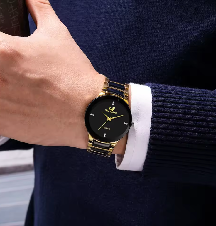 24cm Mens Stainless Steel Gold And Black Quartz Watch Orlando Dial Luxury