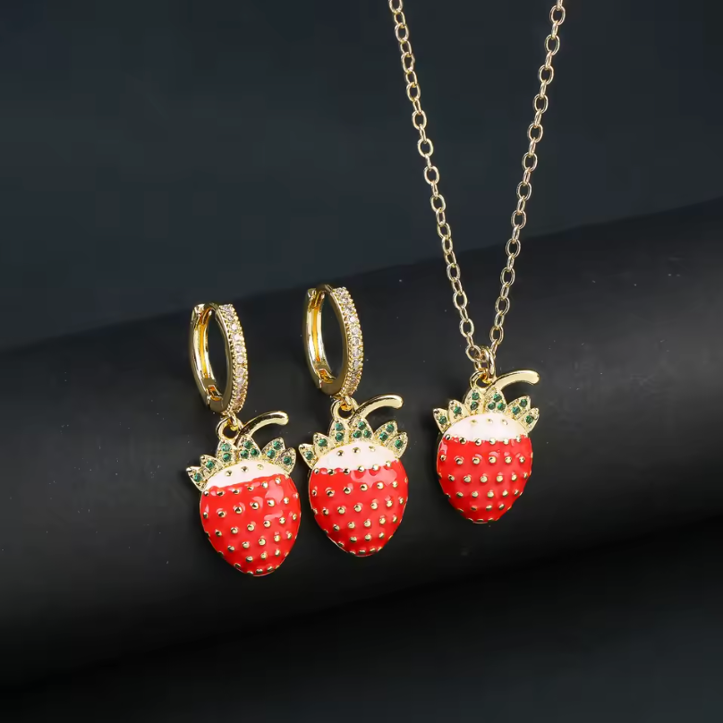 Womens Earrings And Necklace Cherry Fruits Gold Color Luxury Jewelry Set