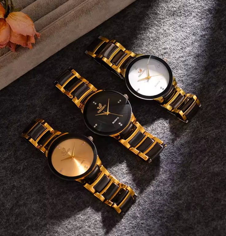 24cm Mens Stainless Steel Gold And Black Quartz Watch Orlando Dial Luxury
