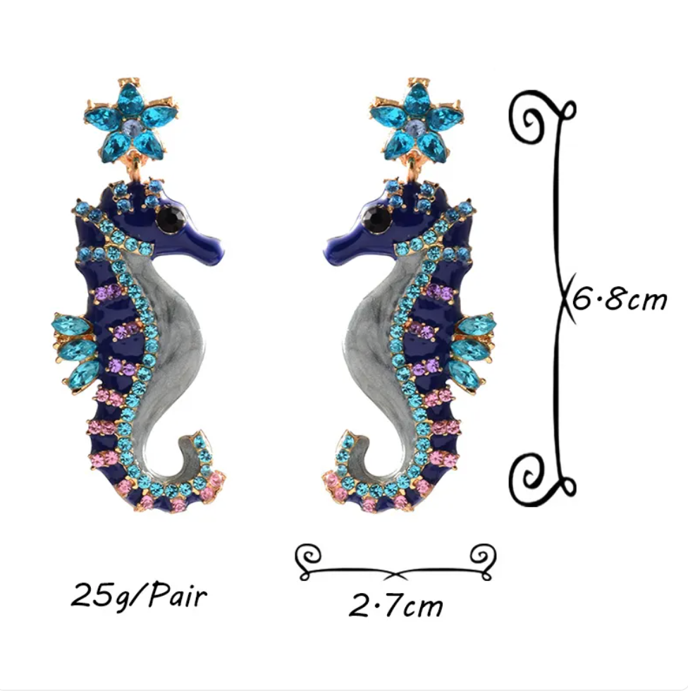 Jewl Sea Horse Dangle Drop Studs Colorful Blue Or Black Jem Earrings Pair
