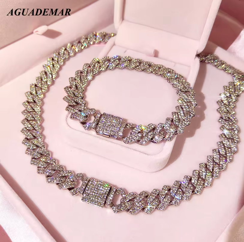 14mm Cuban Link 17k Gold Plated Fully Iced Out Rhinestone Dimond Necklace Chain