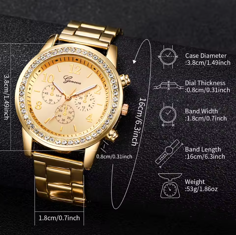 Gold Plated Quartz Watch And Bracelet Luxury Fashion Jewelry Set