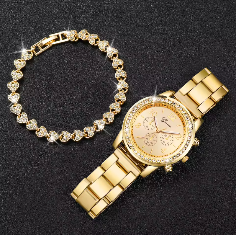 Gold Plated Quartz Watch And Bracelet Luxury Fashion Jewelry Set