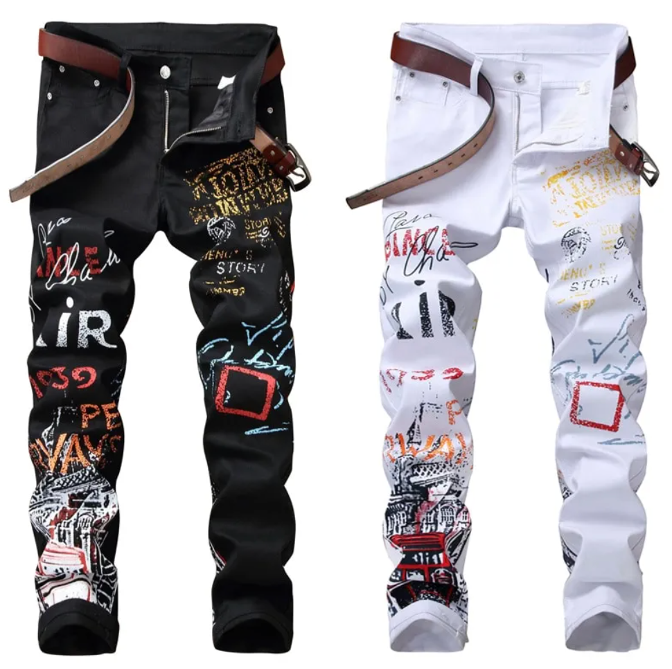 Custom Graffiti Style Slim Street Wear Black Or White Fashioned Skinny Jeans