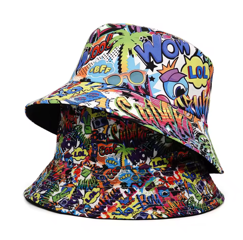 58-60cm Bucket Hat Comic Graphic Multicolor Bucket Style Round Brim Hat