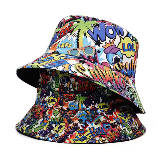 58-60cm Bucket Hat Comic Graphic Multicolor Bucket Style Round Brim Hat