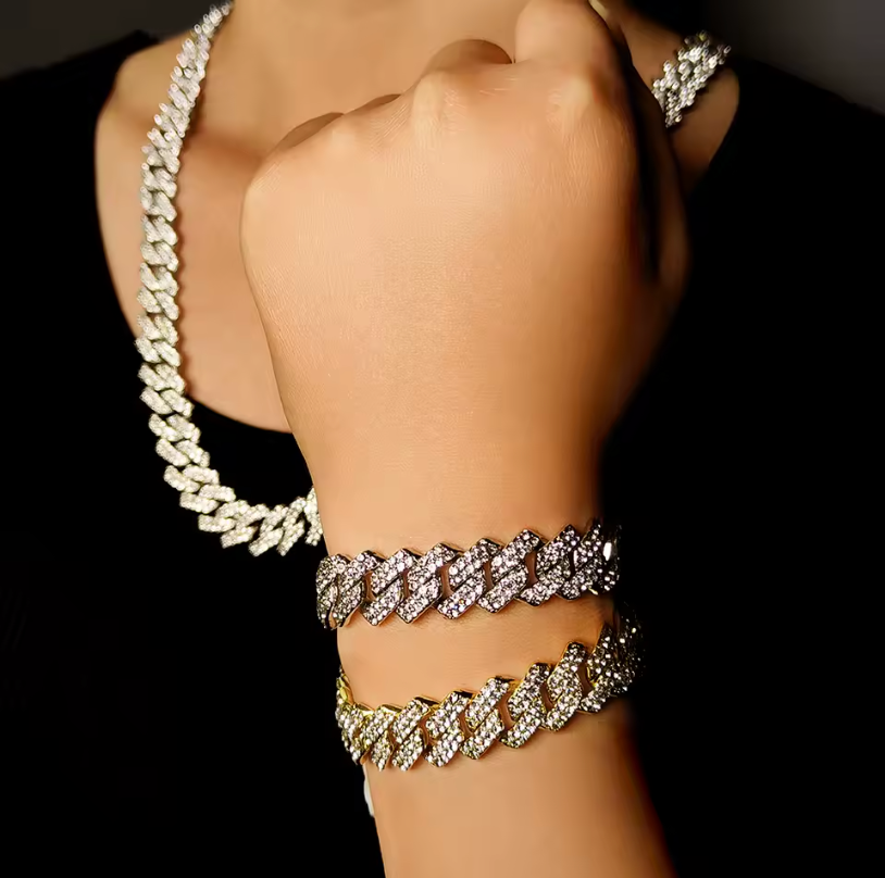 14mm Cuban Link 17k Gold Plated Fully Iced Out Rhinestone Dimond Necklace Chain