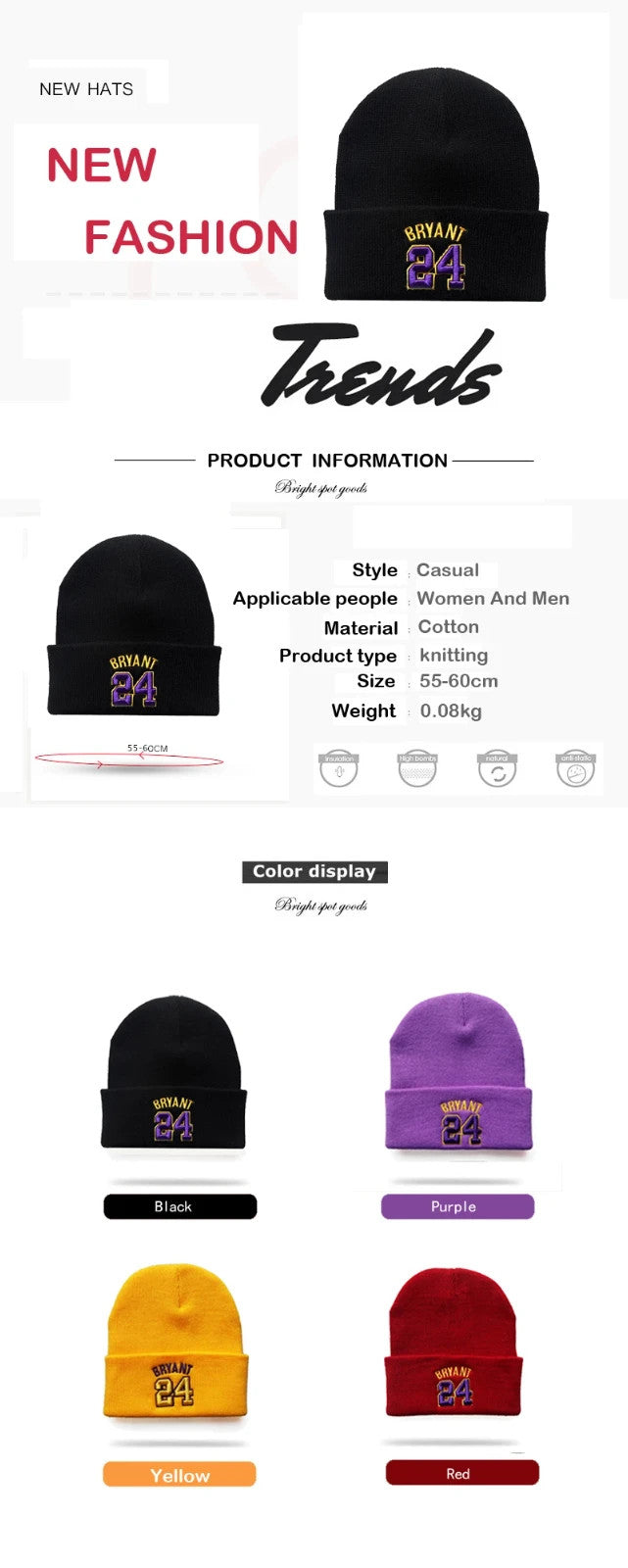 Unisex Beanies NBA Winter Fall Fashion Retro Cotton Beanies Black Purple Red