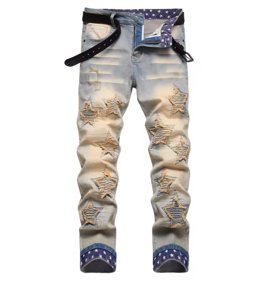 Mens Custom Street Style Biker Denim Distressed Jeans With Star Print And Cuffs
