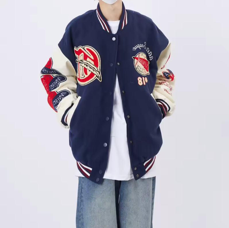 Unisex Baseball Letterman Jacket Vintage Style Embroidered Patch Button Up