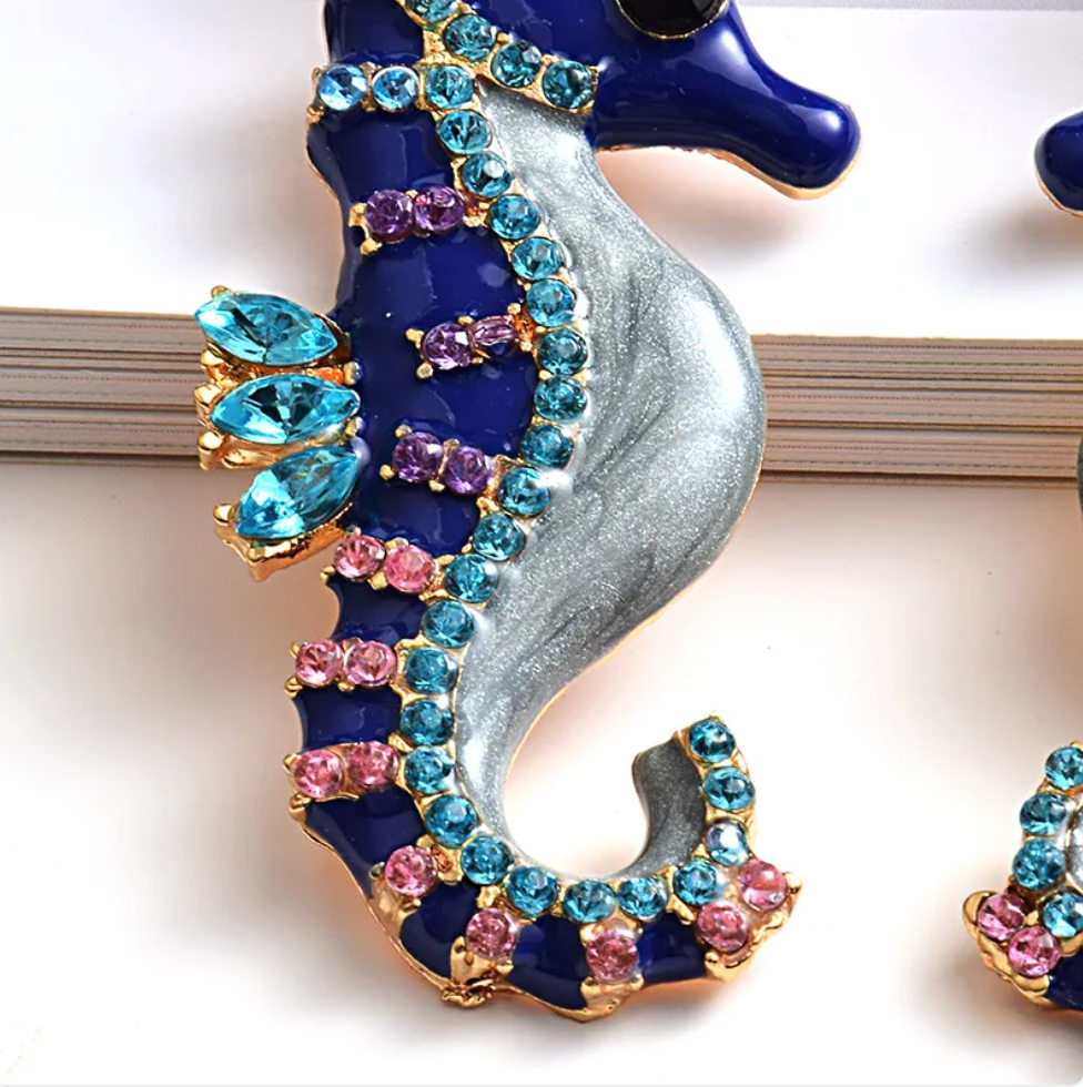 Jewl Sea Horse Dangle Drop Studs Colorful Blue Or Black Jem Earrings Pair