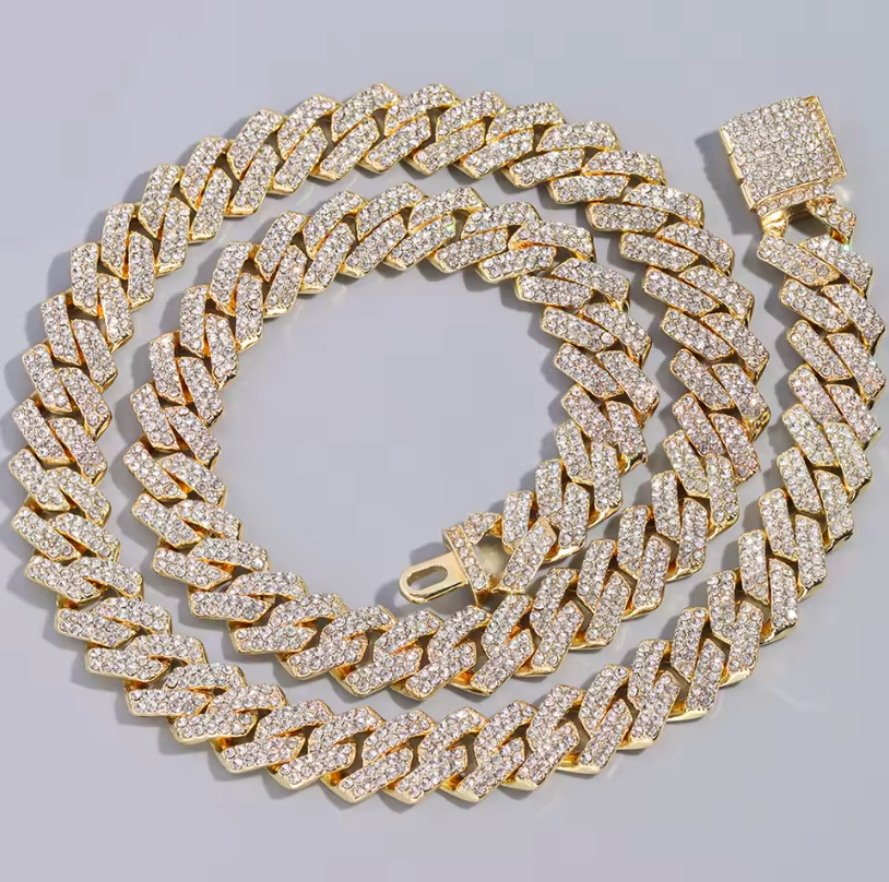 14mm Cuban Link 17k Gold Plated Fully Iced Out Rhinestone Dimond Necklace Chain