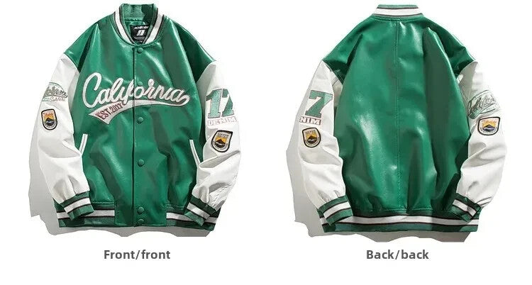 Synthetic Leather Street Bomber Jacket Button Up Retro Style Varsity Jacket