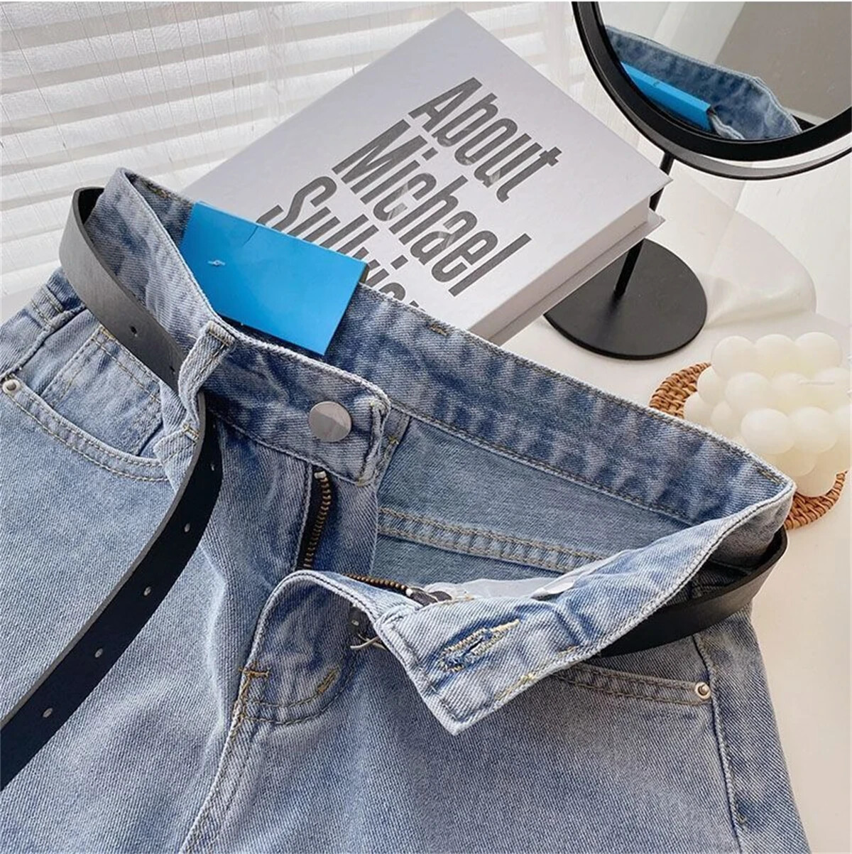 Womens Jean Shorts With Belt Cute Summer Style Mini Shorts Cuffed