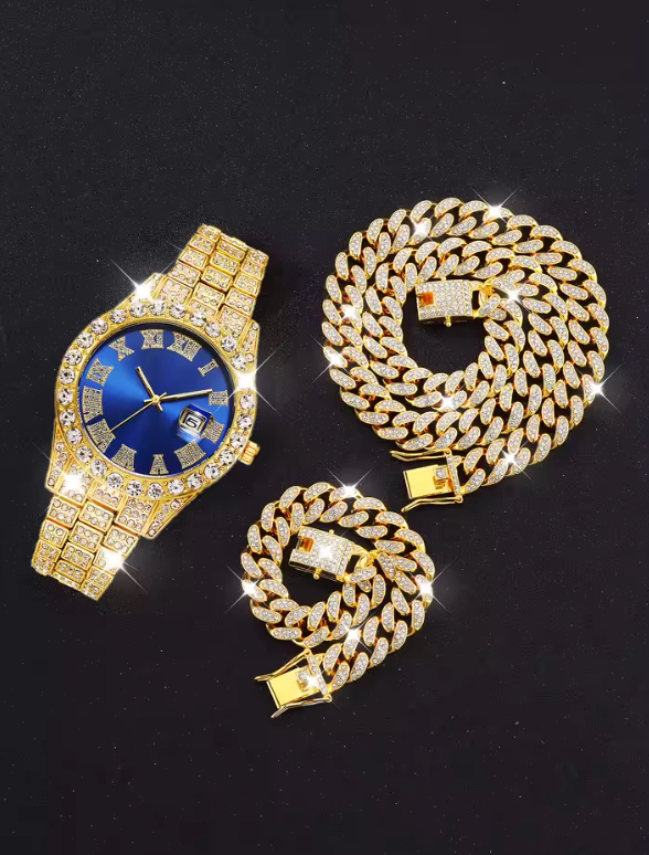 3pc Luxury Metal Alloy Gold Plated Full Dimond Rhinestone Watch And Chain Set