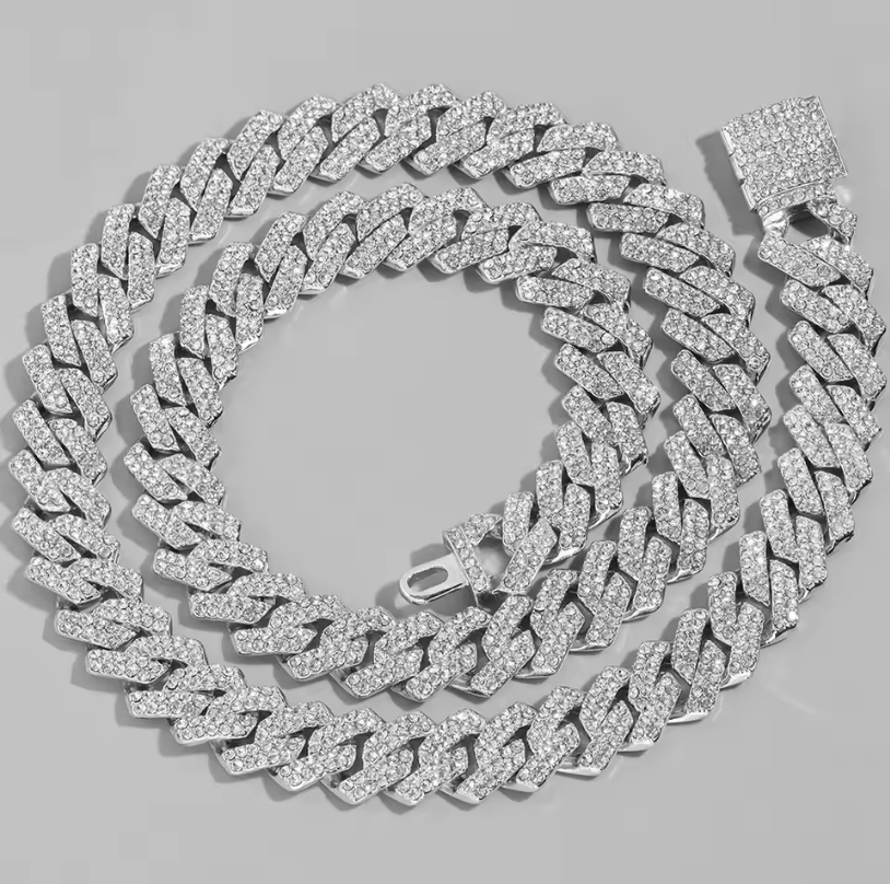 14mm Cuban Link 17k Gold Plated Fully Iced Out Rhinestone Dimond Necklace Chain
