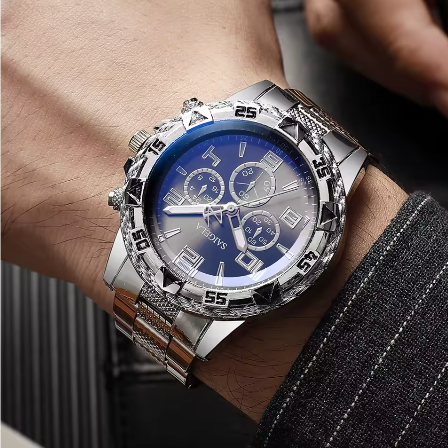 Mens Two Peice Stainless Steel Arabic Style Quartz Dial Watch Set