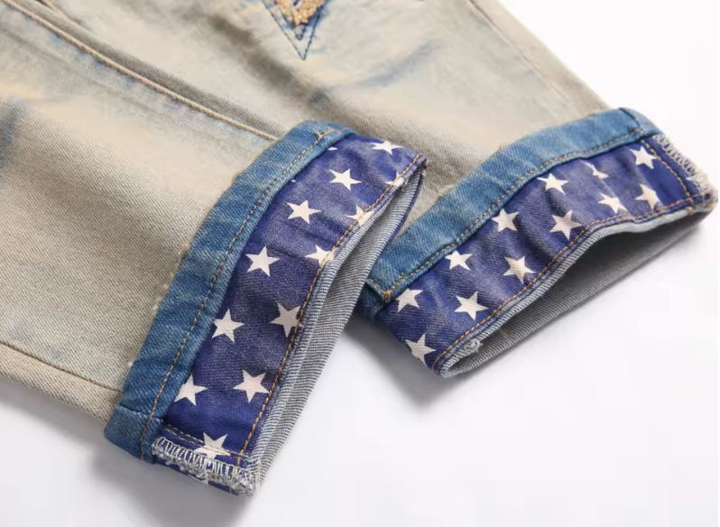 Mens Custom Street Style Biker Denim Distressed Jeans With Star Print And Cuffs