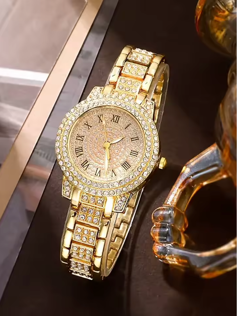 Iced Out Watch And Bracelet 2pc Luxury Jewelry Set Gold Or Silver