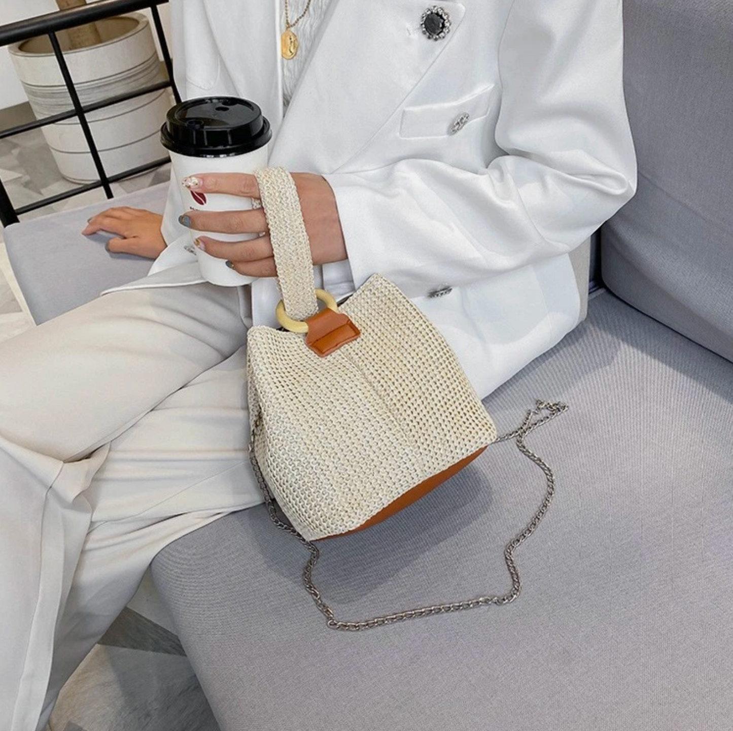 Straw Beach Hand Or Silver Chain Shoulder Strap Summer Bags