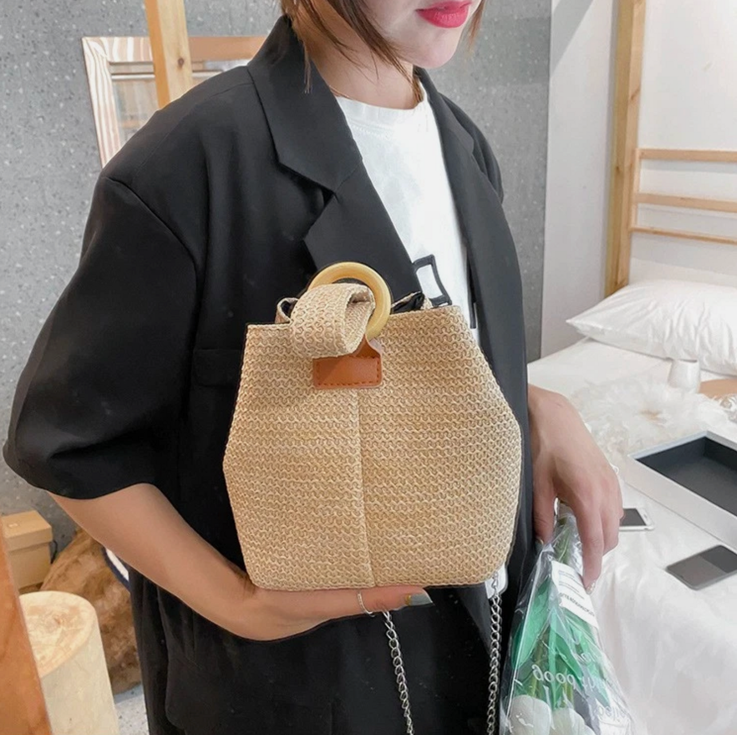 Straw Beach Hand Or Silver Chain Shoulder Strap Summer Bags